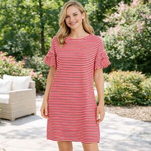Kaari Blue Red White Stripe Dress XS Ruffle Sleeve Cotton Casual Knee Length